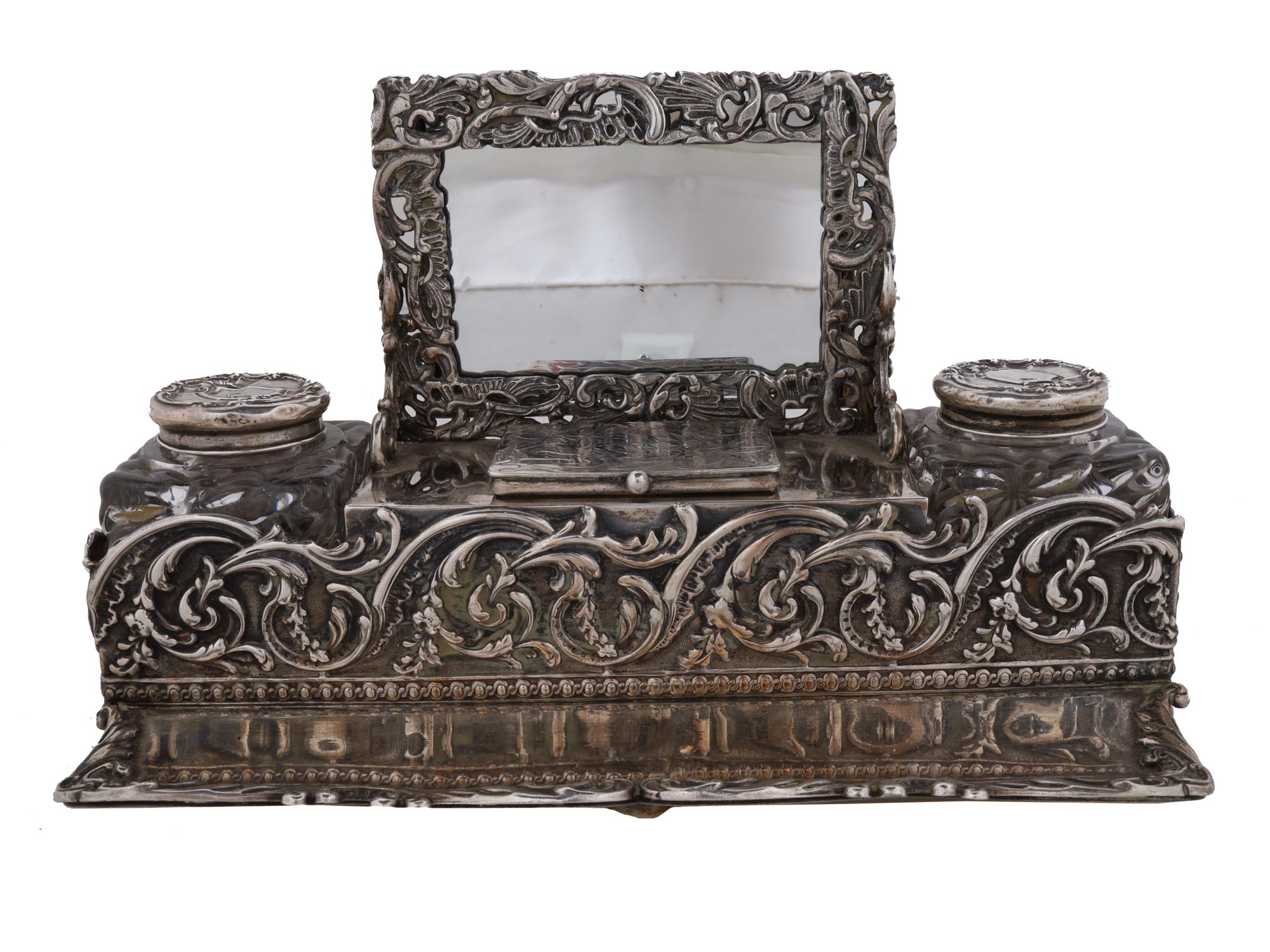 ANTIQUE SILVER AND GLASS INKWELL SET WITH MIRROR PIC-1